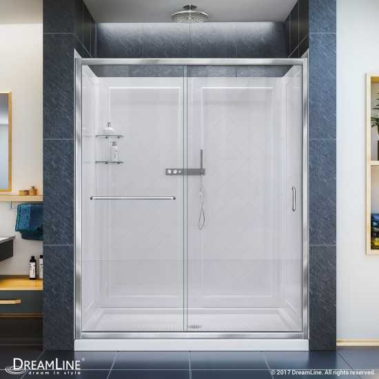 Infinity-Z 34 in. D x 60 in. W x 76 3/4 in. H Clear Sliding Shower Door in Chrome, Center Drain Base and Backwalls