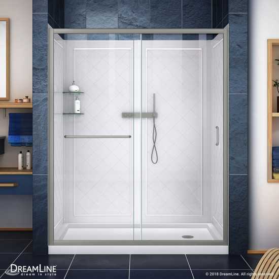 Infinity-Z 34 in. D x 60 in. W x 76 3/4 in. H Clear Sliding Shower Door in Brushed Nickel, Right Drain Base, Backwalls