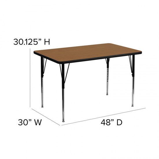 30''W x 48''L Rectangular Oak Thermal Laminate Activity Table - Standard Height Adjustable Legs