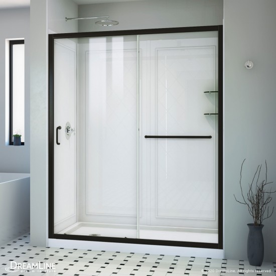 Infinity-Z 30 in. D x 60 in. W x 76 3/4 in. H Clear Sliding Shower Door in Satin Black, Left Drain and Backwalls