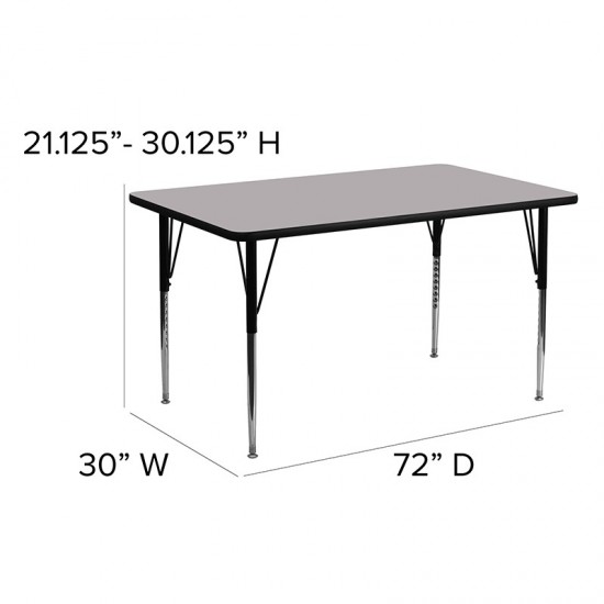 30''W x 72''L Rectangular Grey Thermal Laminate Activity Table - Standard Height Adjustable Legs