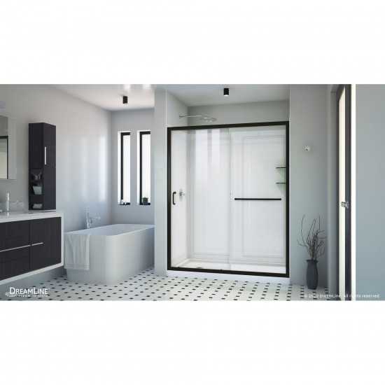 Infinity-Z 30 in. D x 60 in. W x 76 3/4 in. H Clear Sliding Shower Door in Satin Black, Left Drain and Backwalls