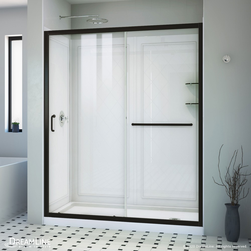 Infinity-Z 30 in. D x 60 in. W x 76 3/4 in. H Clear Sliding Shower Door in Satin Black, Right Drain and Backwalls