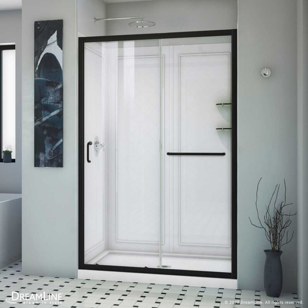 Infinity-Z 36 in. D x 48 in. W x 76 3/4 in. H Clear Sliding Shower Door in Satin Black, Center Drain Base, Backwall