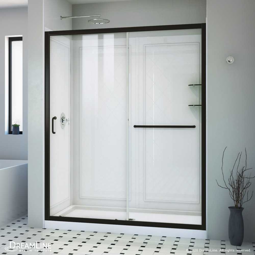 Infinity-Z 32 in. D x 60 in. W x 76 3/4 in. H Clear Sliding Shower Door in Satin Black, Center Drain and Backwalls