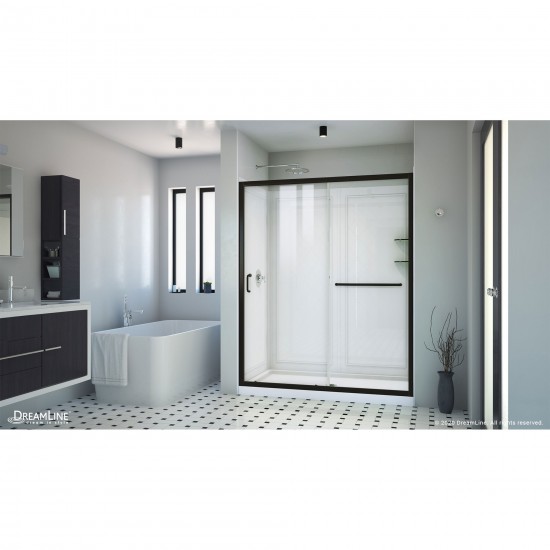 Infinity-Z 32 in. D x 60 in. W x 76 3/4 in. H Clear Sliding Shower Door in Satin Black, Center Drain and Backwalls