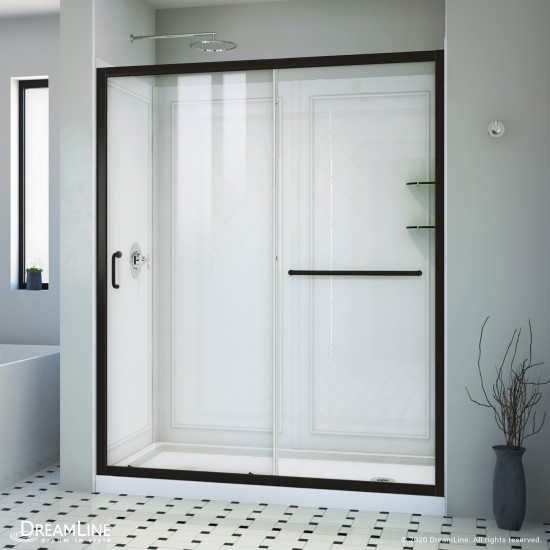 Infinity-Z 34 in. D x 60 in. W x 76 3/4 in. H Clear Sliding Shower Door in Satin Black, Right Drain and Backwalls