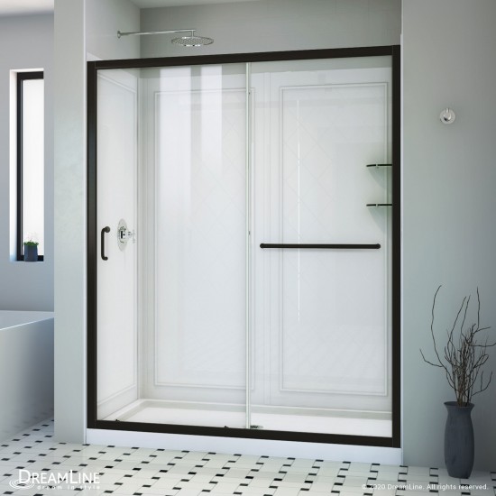 Infinity-Z 36 in. D x 60 in. W x 76 3/4 in. H Clear Sliding Shower Door in Satin Black, Center Drain and Backwalls