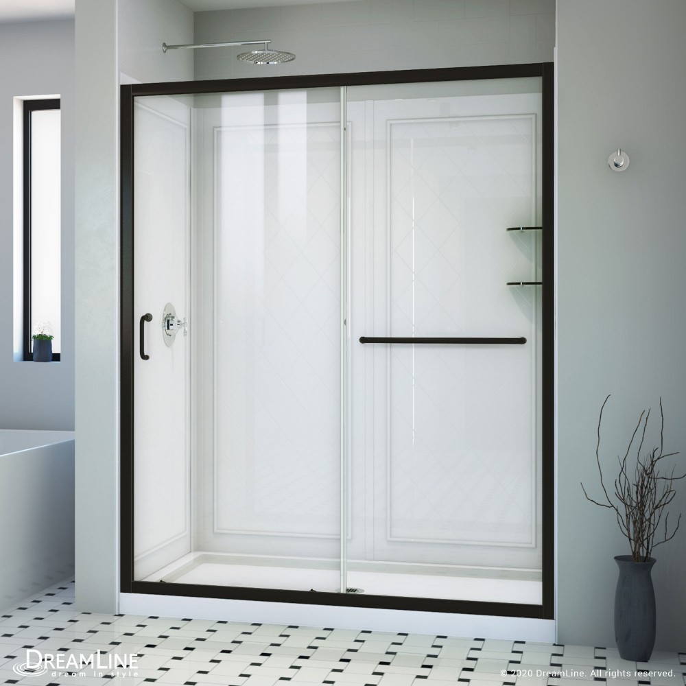 Infinity-Z 36 in. D x 60 in. W x 76 3/4 in. H Clear Sliding Shower Door in Satin Black, Center Drain and Backwalls