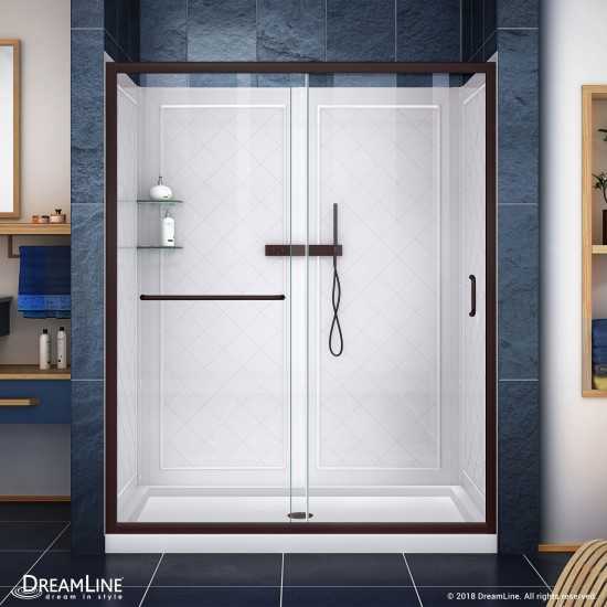 Infinity-Z 30 in. D x 60 in. W x 76 3/4 in. H Clear Sliding Shower Door in Oil Rubbed Bronze, Center Drain and Backwalls