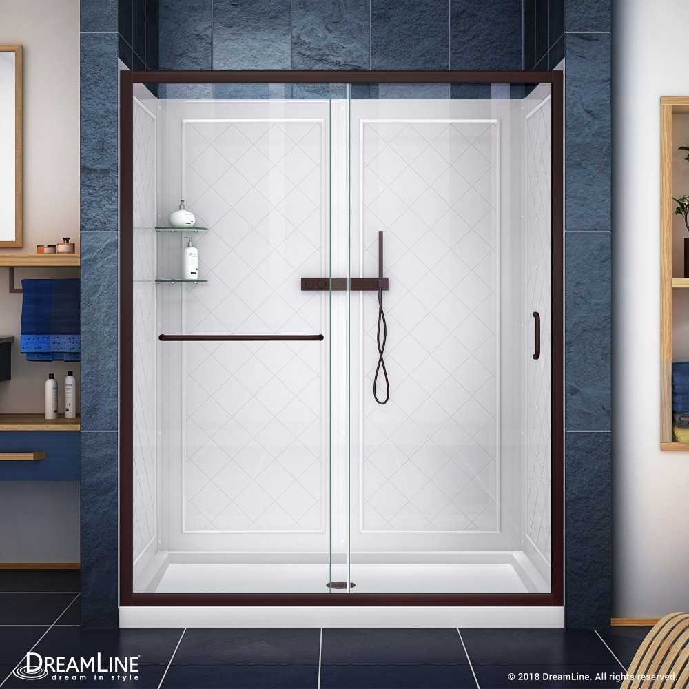 Infinity-Z 36 in. D x 60 in. W x 76 3/4 in. H Clear Sliding Shower Door in Oil Rubbed Bronze, Center Drain and Backwalls