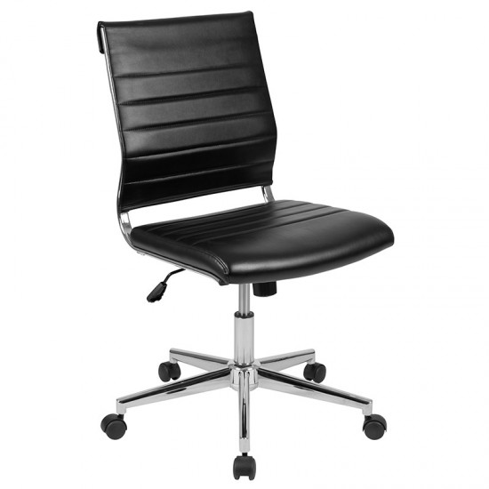 Mid-Back Armless Black LeatherSoft Contemporary Ribbed Executive Swivel Office Chair