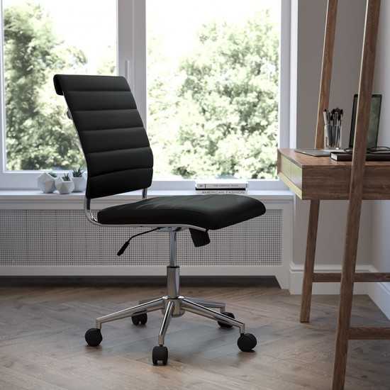 Mid-Back Armless Black LeatherSoft Contemporary Ribbed Executive Swivel Office Chair