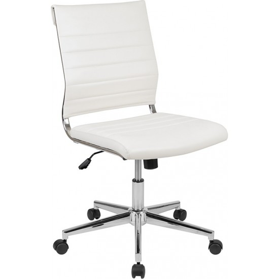 Mid-Back Armless White LeatherSoft Contemporary Ribbed Executive Swivel Office Chair