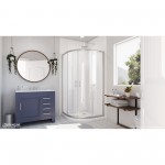 Prime 33 in. x 74 3/4 in. Semi-Frameless Clear Glass Sliding Shower Enclosure in Brushed Nickel with White Base Kit