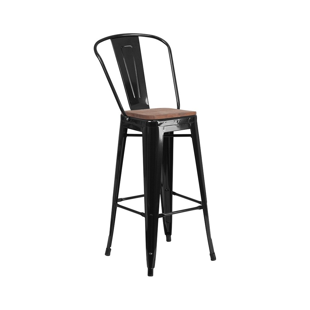 30" High Black Metal Barstool with Back and Wood Seat