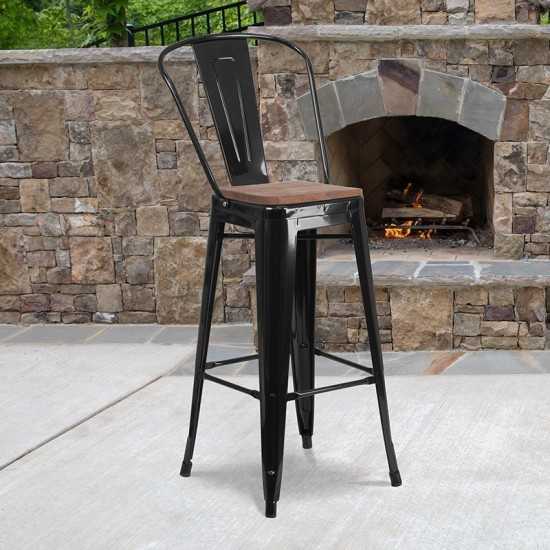 30" High Black Metal Barstool with Back and Wood Seat