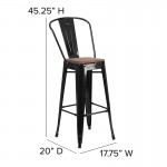 30" High Black Metal Barstool with Back and Wood Seat