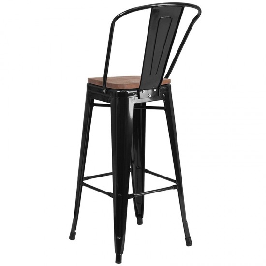 30" High Black Metal Barstool with Back and Wood Seat