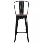 30" High Black Metal Barstool with Back and Wood Seat