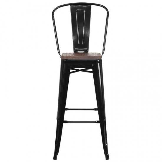 30" High Black Metal Barstool with Back and Wood Seat