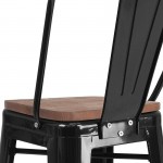 30" High Black Metal Barstool with Back and Wood Seat