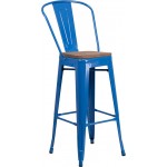 30" High Blue Metal Barstool with Back and Wood Seat