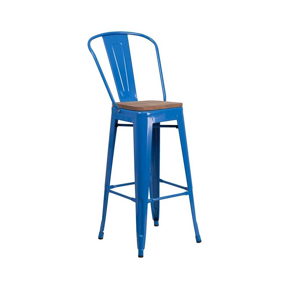 30" High Blue Metal Barstool with Back and Wood Seat