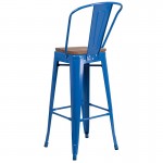 30" High Blue Metal Barstool with Back and Wood Seat