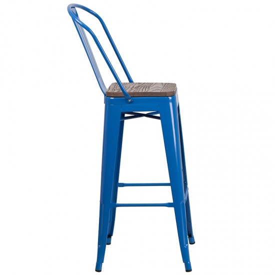 30" High Blue Metal Barstool with Back and Wood Seat