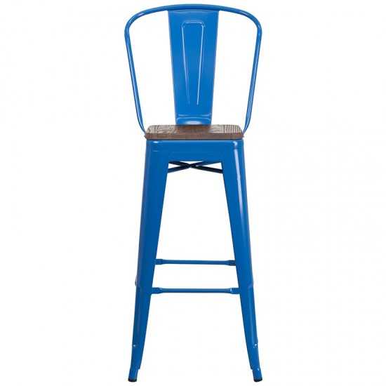 30" High Blue Metal Barstool with Back and Wood Seat