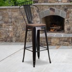30" High Black-Antique Gold Metal Barstool with Back and Wood Seat