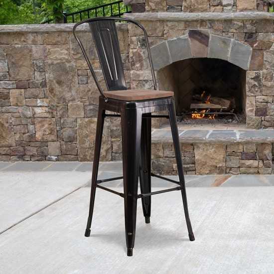 30" High Black-Antique Gold Metal Barstool with Back and Wood Seat