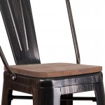 30" High Black-Antique Gold Metal Barstool with Back and Wood Seat
