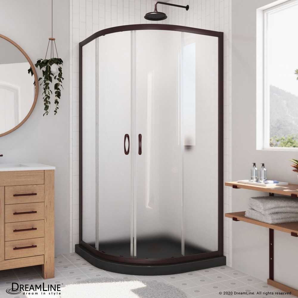 Prime 33 in. x 74 3/4 in. Semi-Frameless Frosted Glass Sliding Shower Enclosure in Oil Rubbed Bronze with Black Base Kit