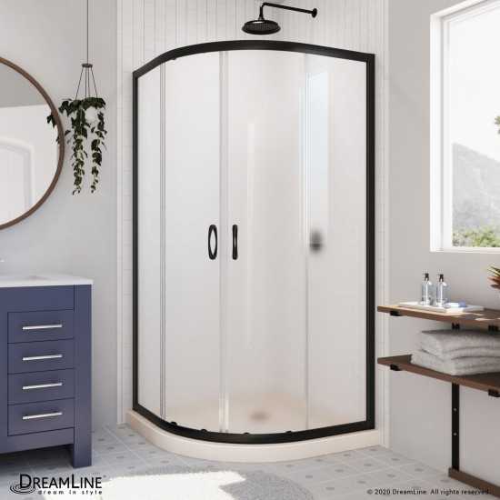 Prime 33 in. x 74 3/4 in. Semi-Frameless Frosted Glass Sliding Shower Enclosure in Satin Black with Biscuit Base Kit