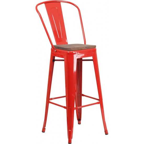 30" High Red Metal Barstool with Back and Wood Seat