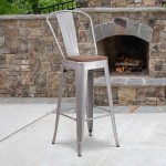 30" High Silver Metal Barstool with Back and Wood Seat