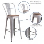 30" High Silver Metal Barstool with Back and Wood Seat