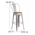 30" High Silver Metal Barstool with Back and Wood Seat