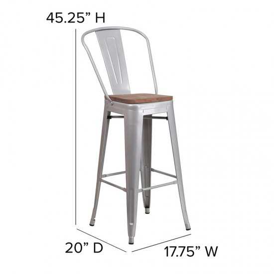 30" High Silver Metal Barstool with Back and Wood Seat