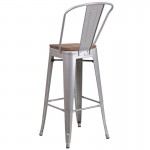 30" High Silver Metal Barstool with Back and Wood Seat