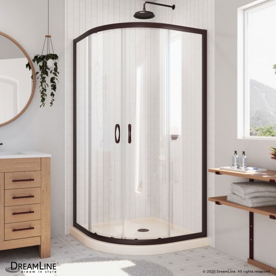 Prime 36 in. x 74 3/4 in. Semi-Frameless Clear Glass Sliding Shower Enclosure in Oil Rubbed Bronze with Biscuit Base Kit