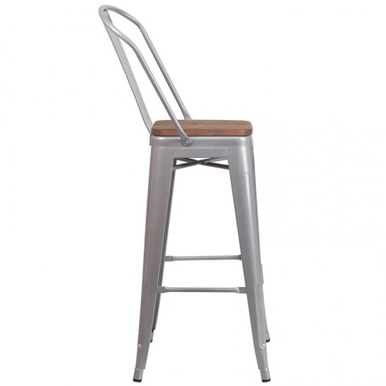 30" High Silver Metal Barstool with Back and Wood Seat