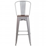 30" High Silver Metal Barstool with Back and Wood Seat