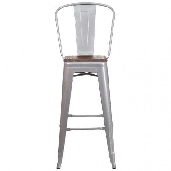 30" High Silver Metal Barstool with Back and Wood Seat