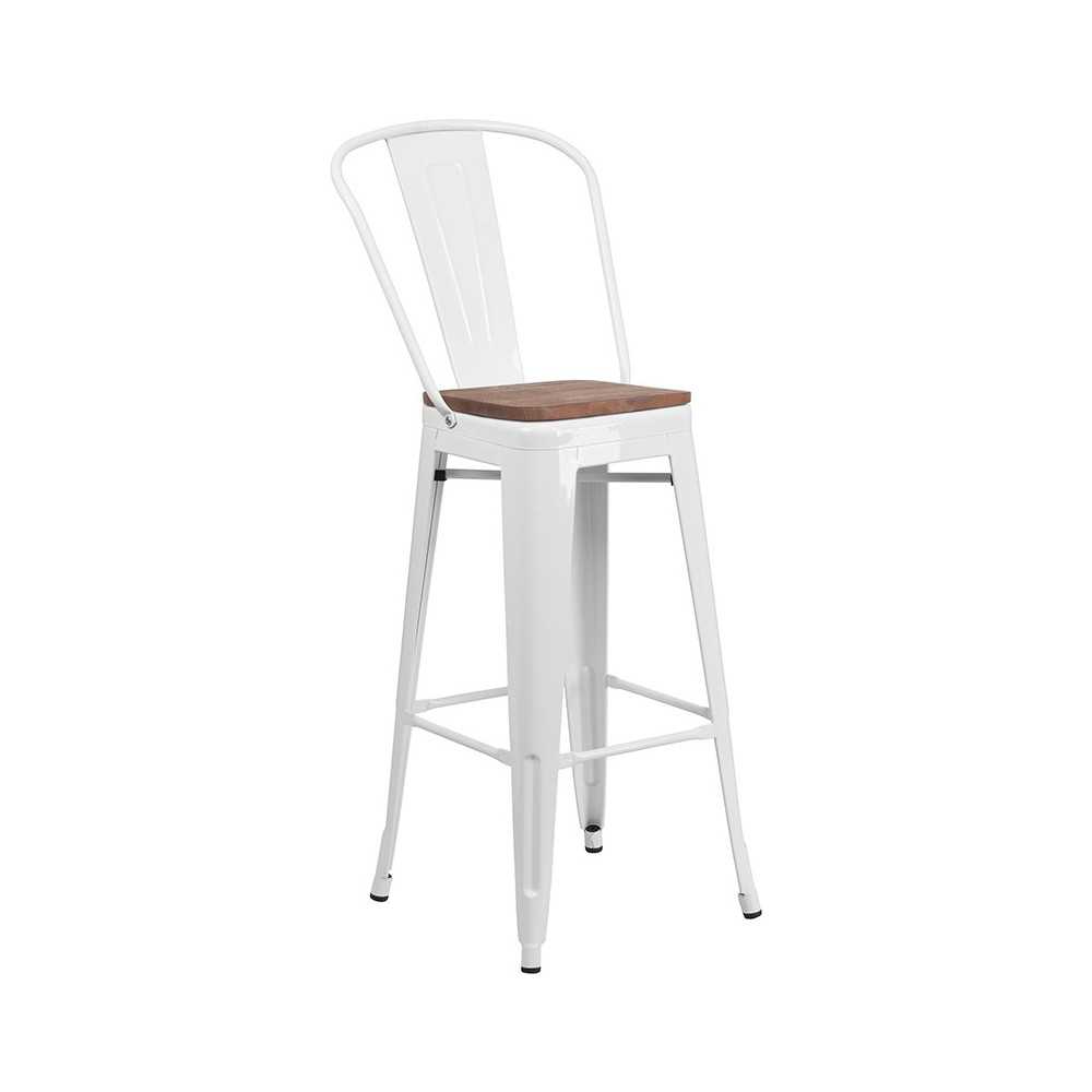 30" High White Metal Barstool with Back and Wood Seat