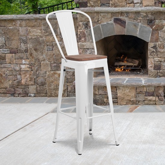 30" High White Metal Barstool with Back and Wood Seat