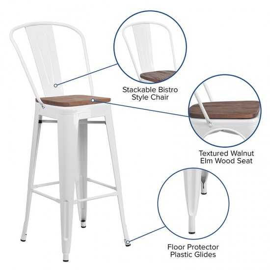 30" High White Metal Barstool with Back and Wood Seat