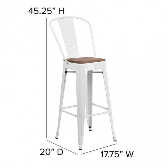 30" High White Metal Barstool with Back and Wood Seat